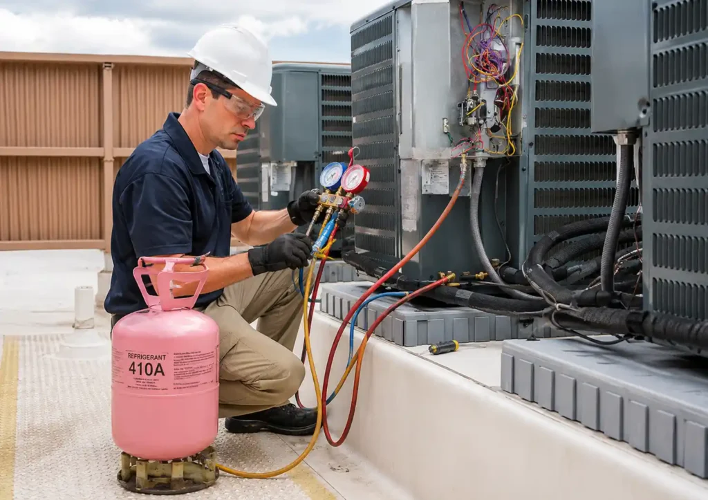 HVAC technician checking refrigerant pressure while servicing a rooftop air conditioning unit.