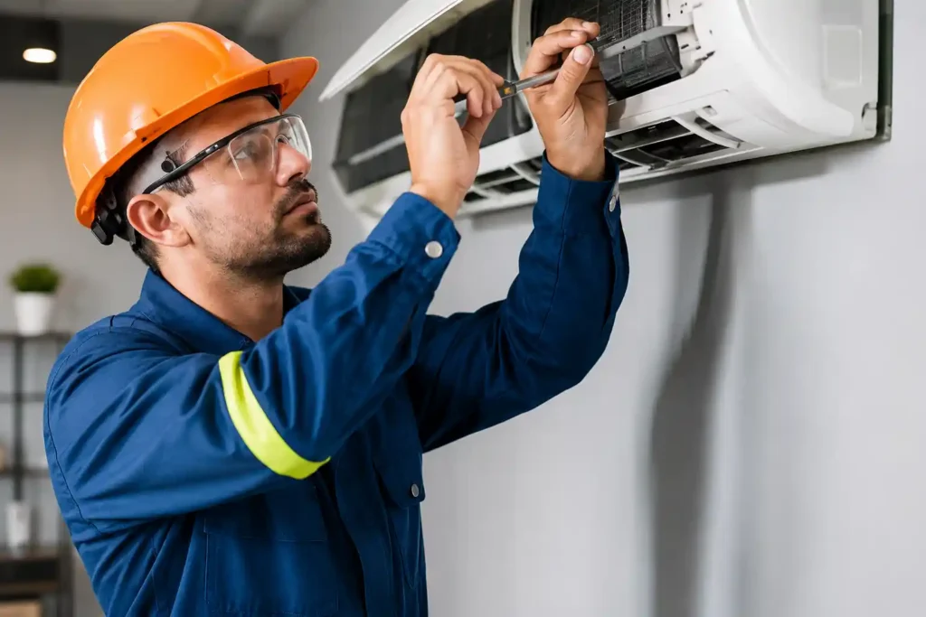 Technician repairing a wall-mounted split air conditioner during an AC repair service in Bahrain.