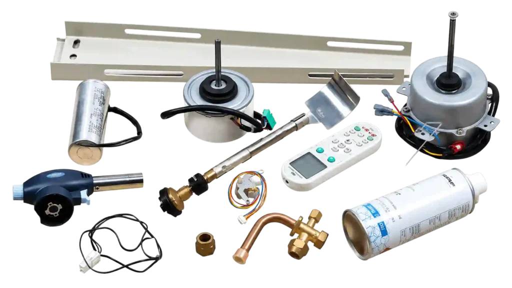 Air conditioner spare parts including motors, capacitor, remote control, filter, and repair components.