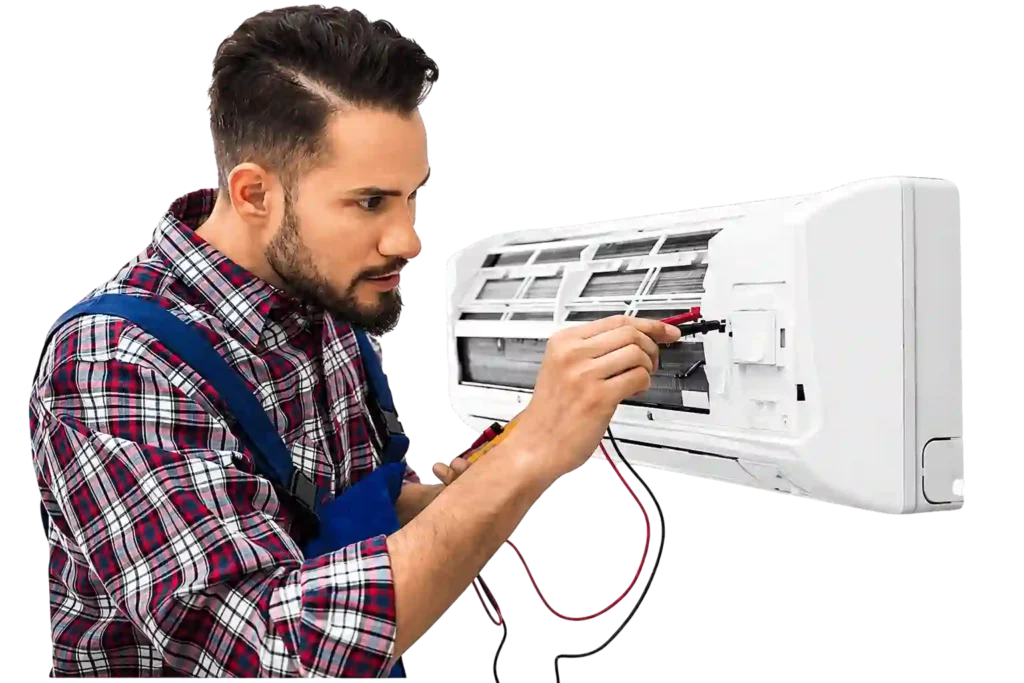 Technician inspecting wall mounted air conditioner.