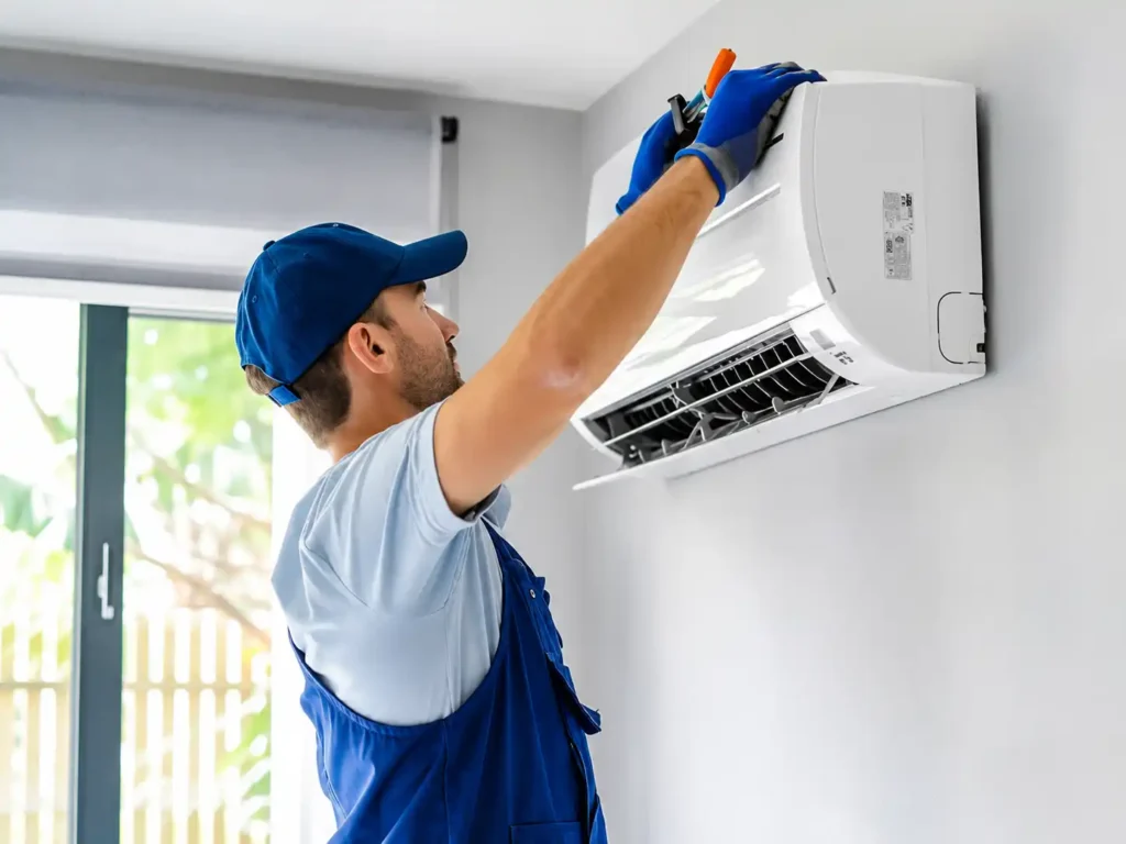 Technician servicing a wall-mounted air conditioner.