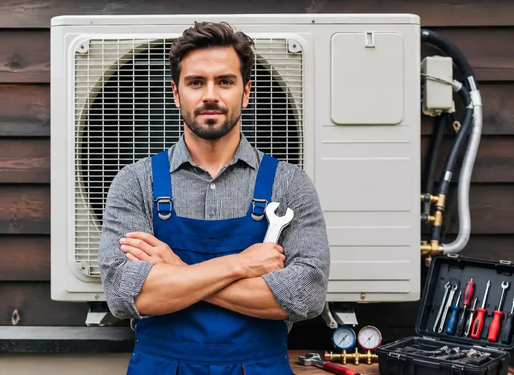 HVAC technician standing in front of an outdoor air conditioning unit with maintenance tools.