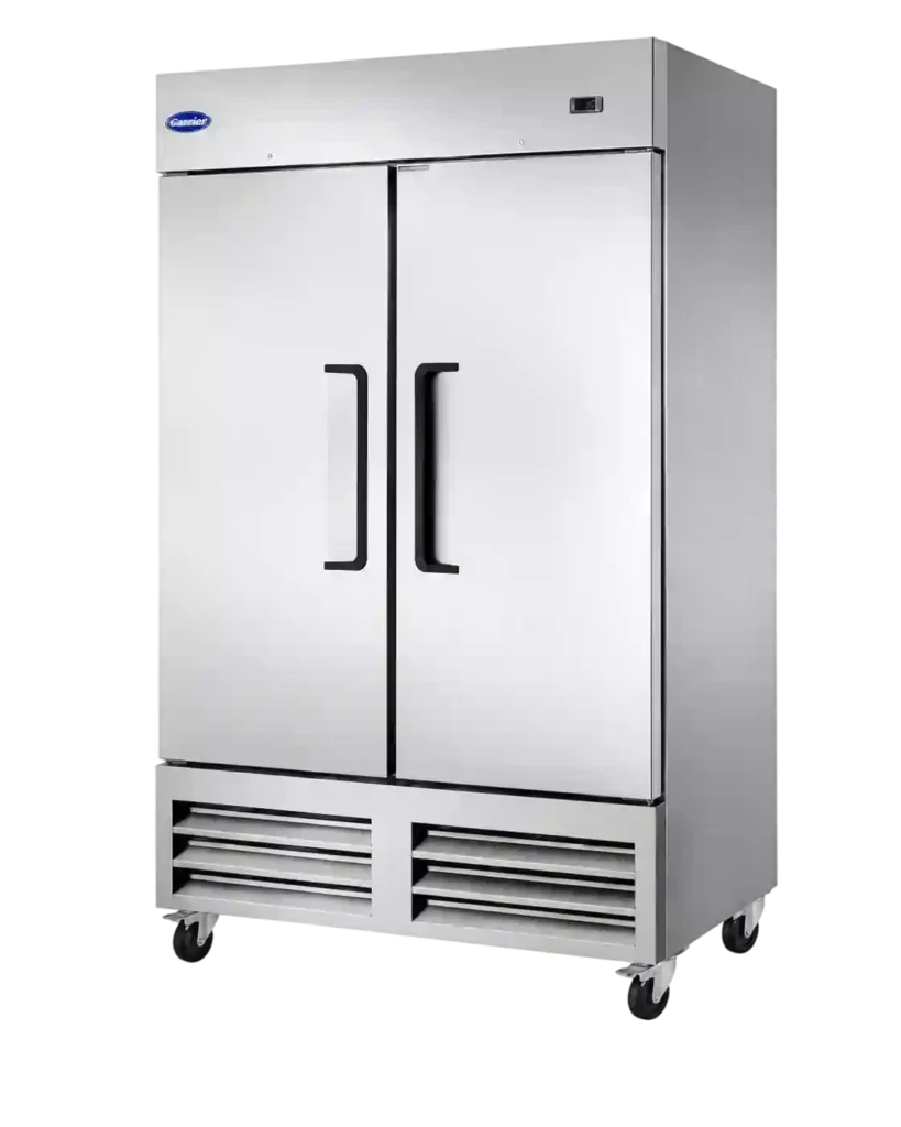 Stainless-steel commercial double-door refrigerator with caster wheels.