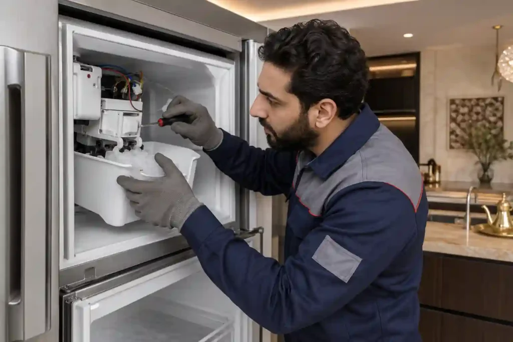 Appliance technician repairing the freezer compartment of a refrigerator.