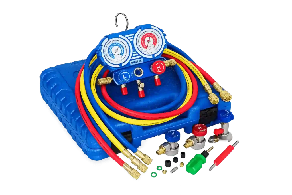 HVAC manifold gauge and hose kit used for AC repair in Hamad Town.