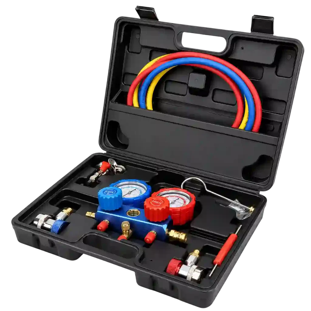 Refrigeration manifold gauge kit used for pressure testing and refrigerant servicing.