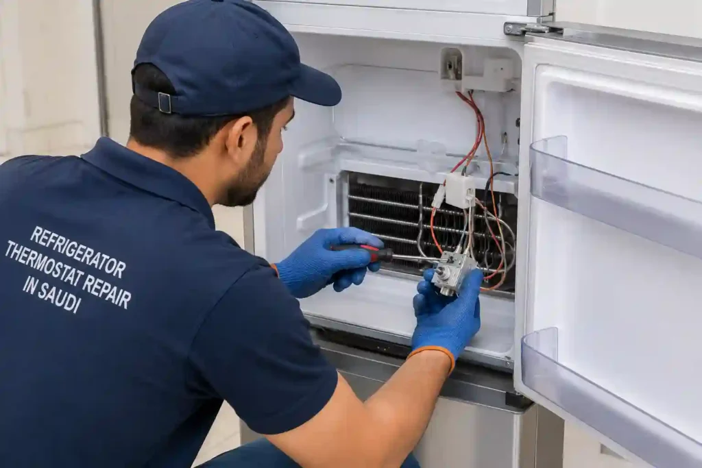 Technician inspecting refrigerator compressor wiring and rear components.