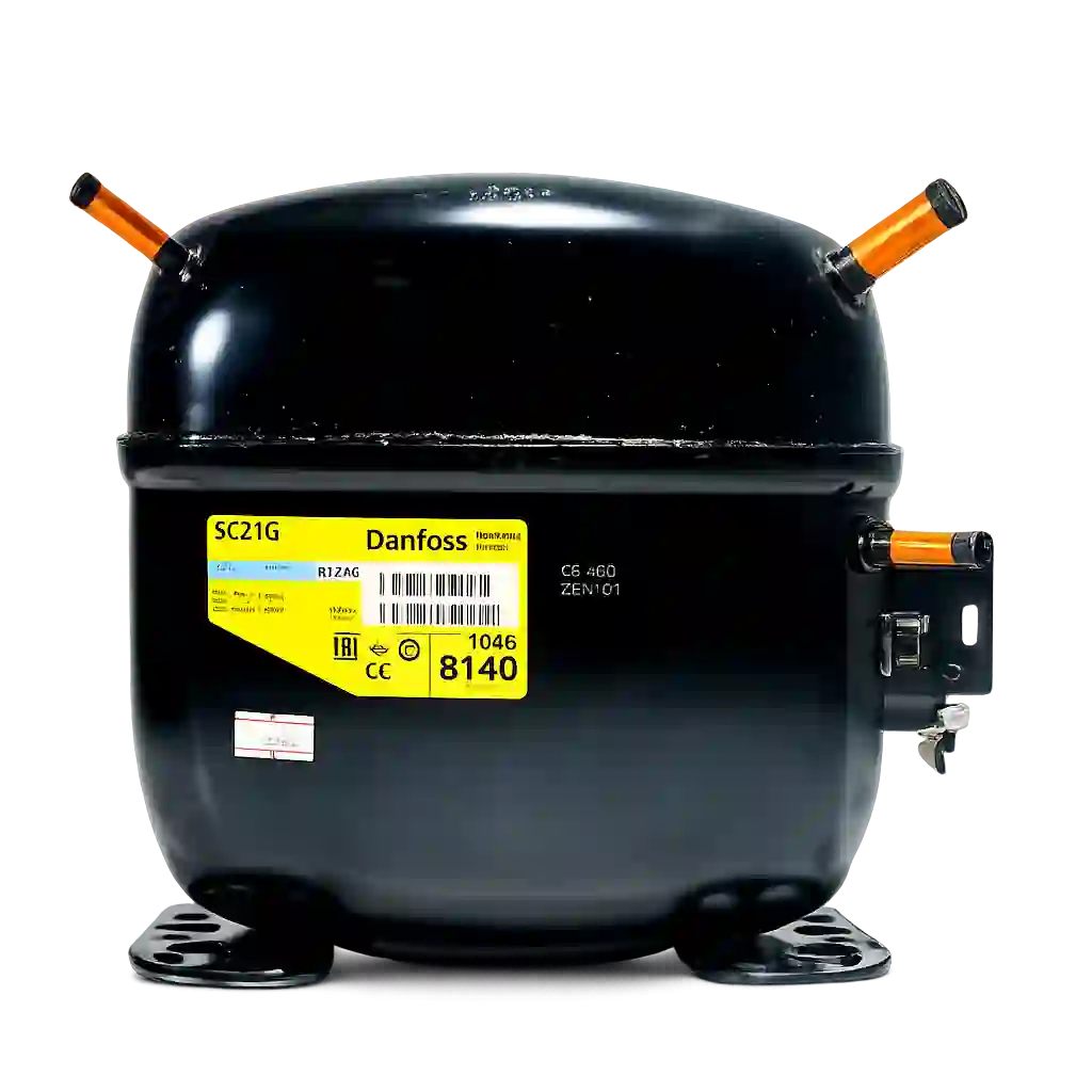 Black refrigerator compressor unit used in domestic cooling systems.