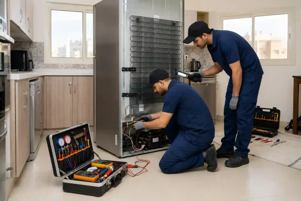 Two appliance technicians repairing a refrigerator with diagnostic equipment.