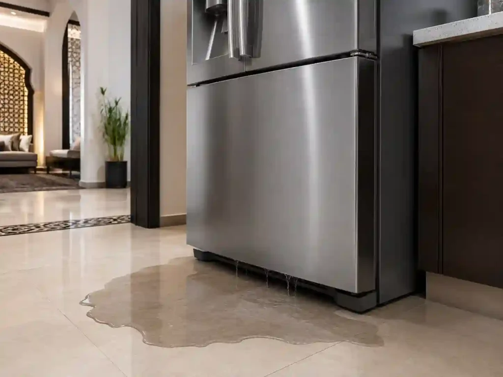 Double-door refrigerator with water leaking onto the kitchen floor.