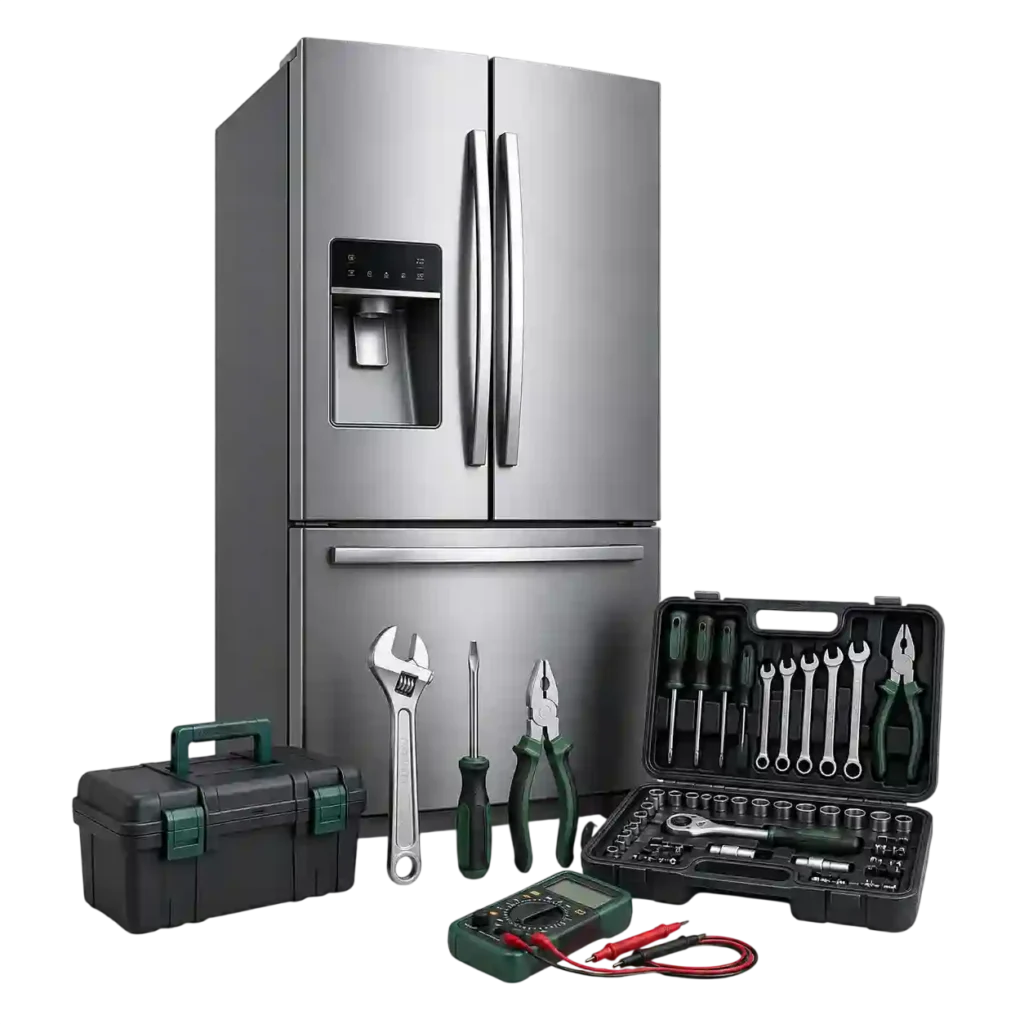 Modern refrigerator with diagnostic tools for professional refrigerator repair in Bahrain.
