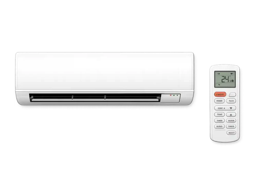 Wall-mounted split air conditioner with temperature control remote.