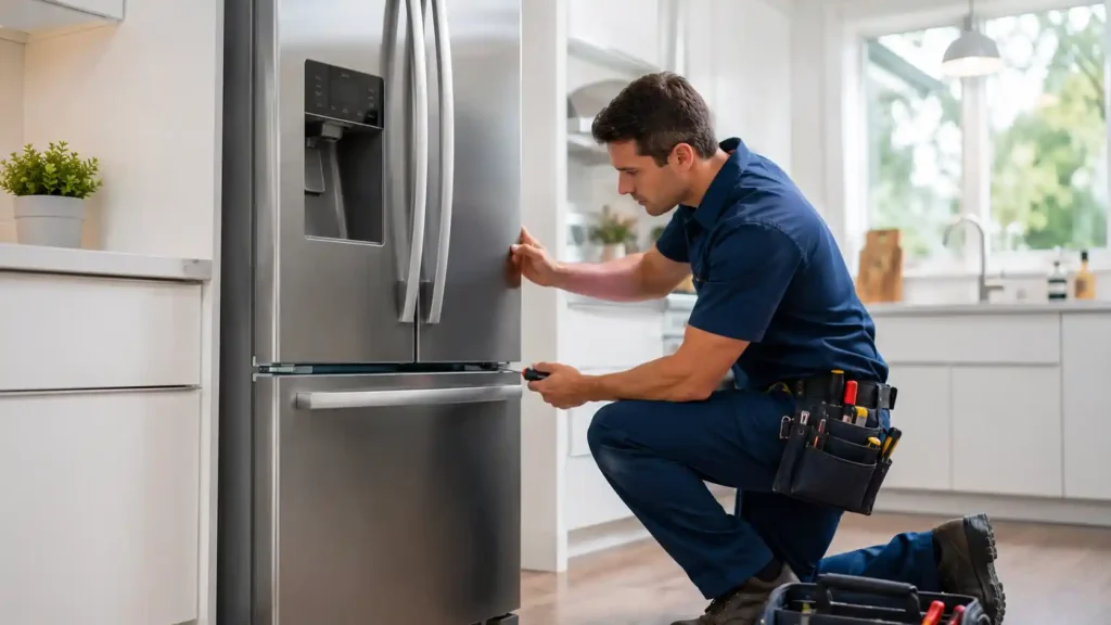Technician repairing a stainless steel refrigerator in a bright kitchen.
