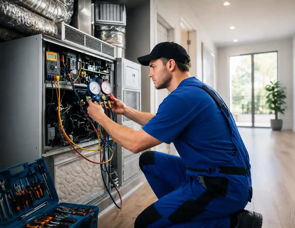 Technician diagnosing electrical connections inside an air conditioning system.