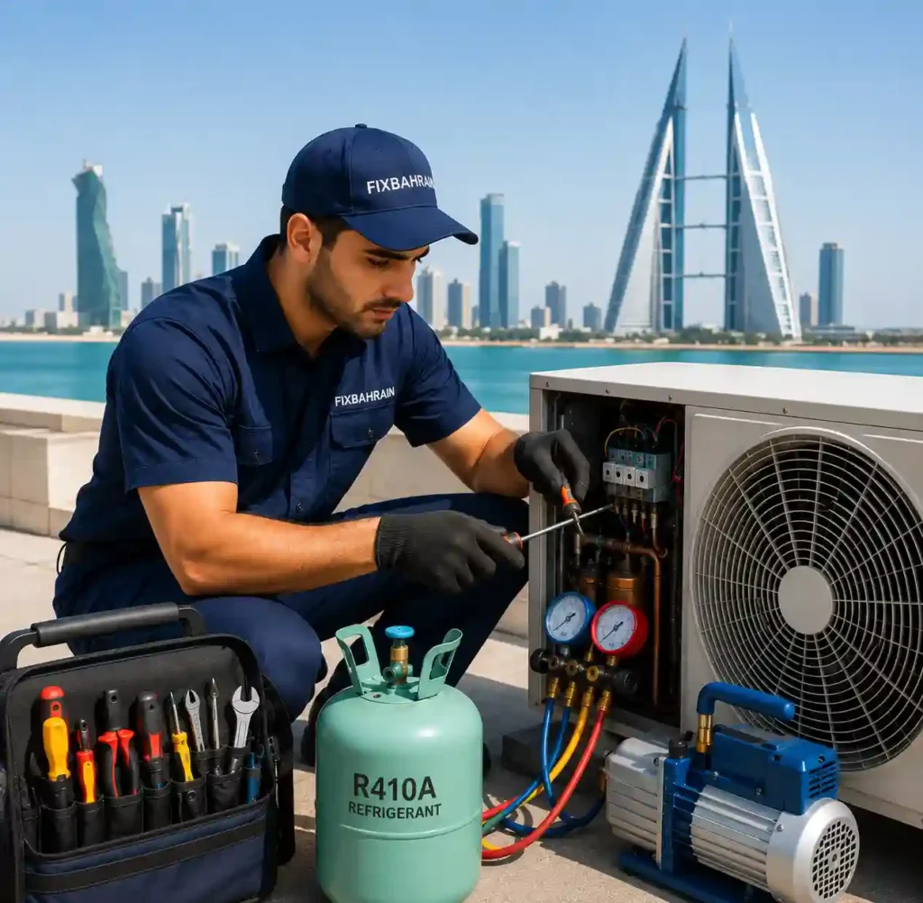 Technician refilling refrigerant gas in a window air conditioning system.