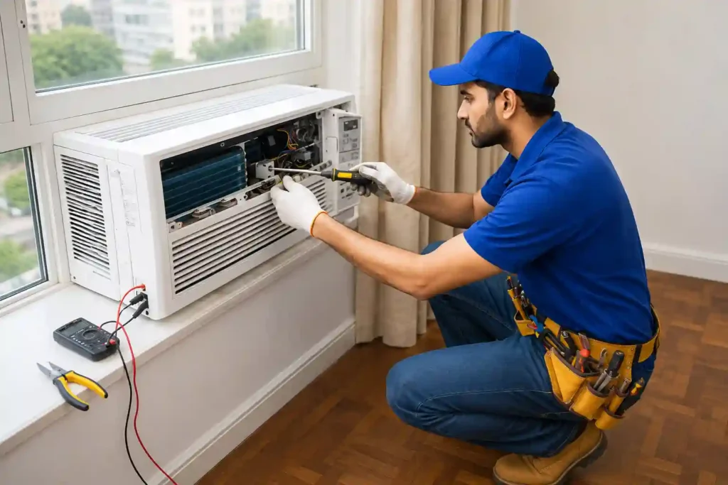 Technician providing Window AC Repair in Bahrain for a residential unit.
