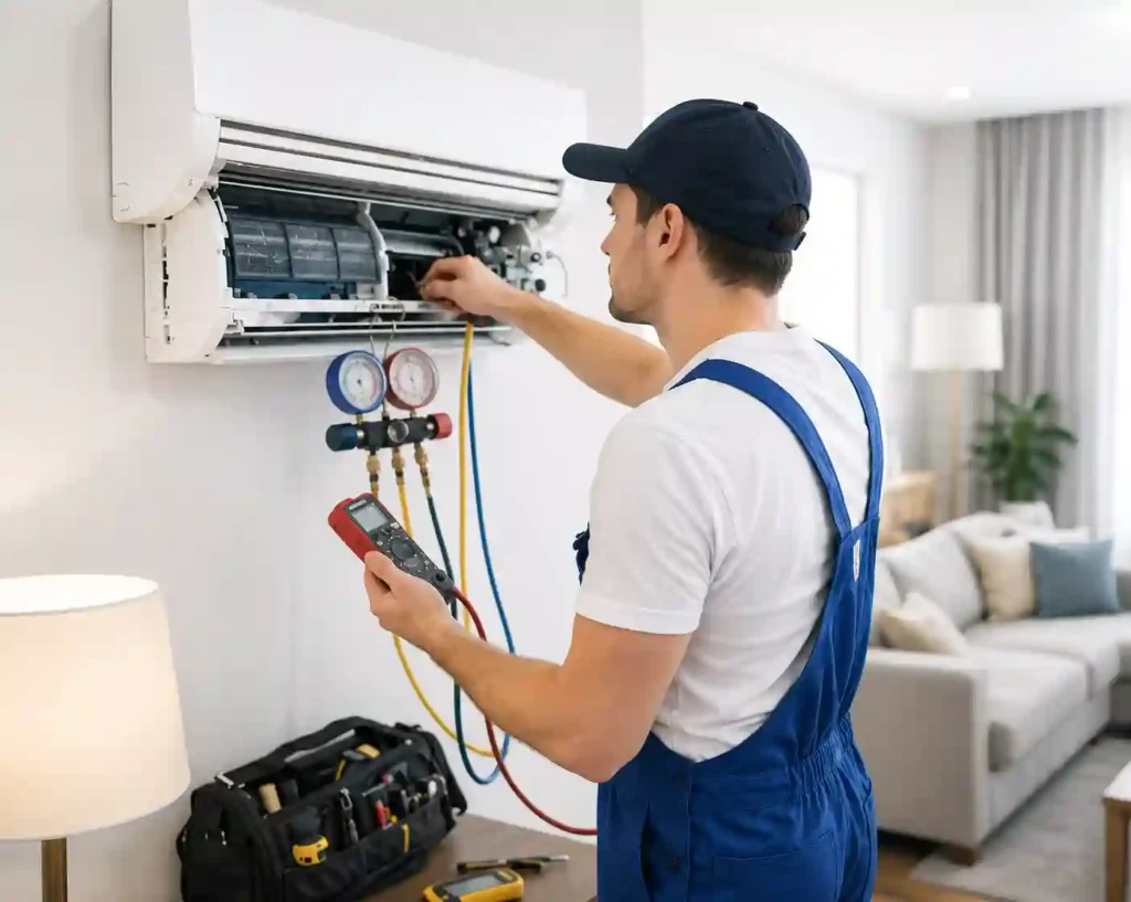 Technician servicing a wall-mounted window AC indoor unit.