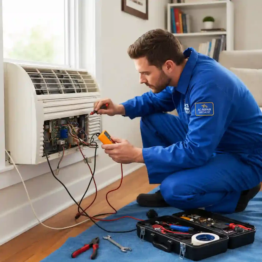 Technician inspecting a window air conditioner during routine maintenance.