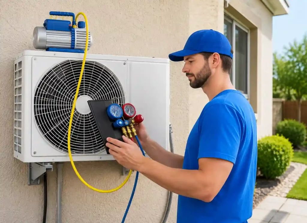 Air Conditioning Repair in Bahrain technician checking an outdoor AC condenser.