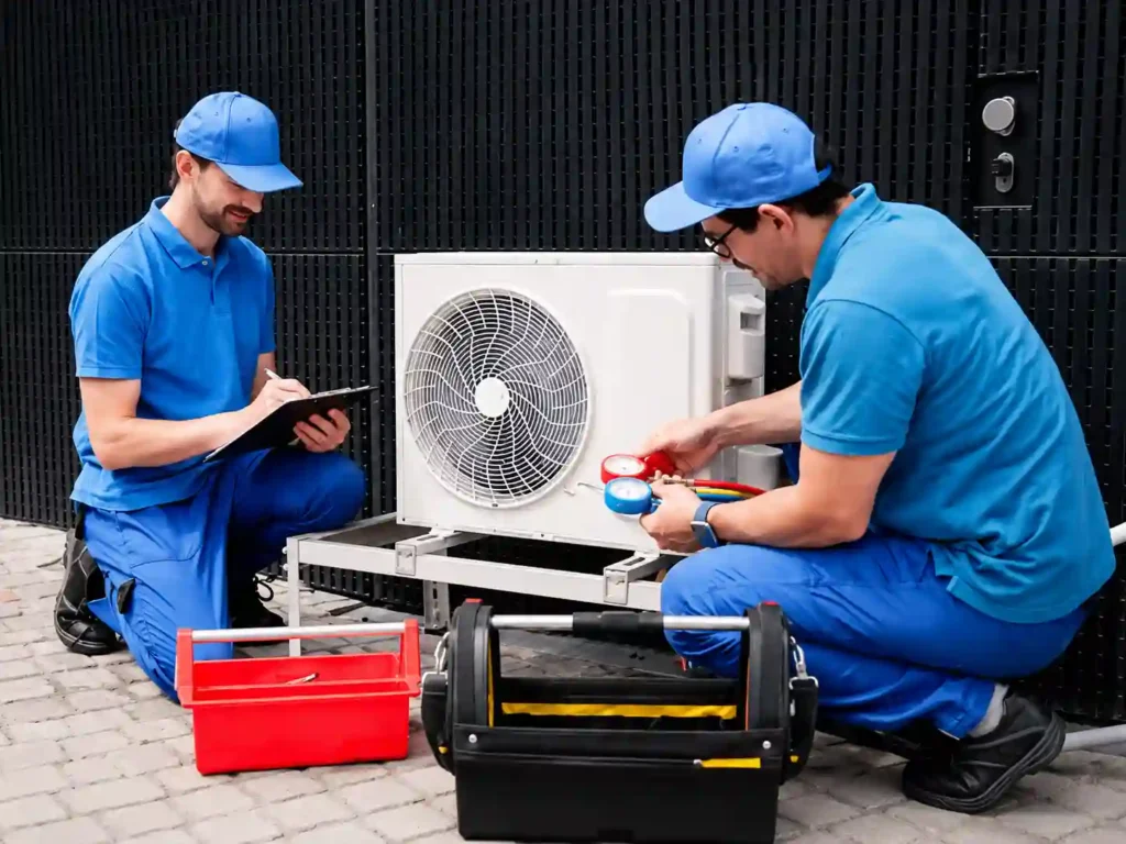 Two HVAC technicians servicing an outdoor air conditioning condenser.