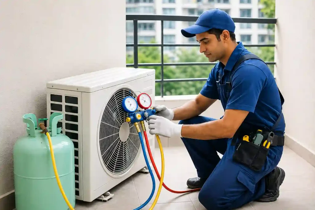 HVAC technician servicing an outdoor AC condenser with refrigerant gauges.