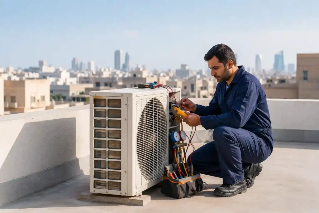 Technician repairing an outdoor AC condenser unit on a rooftop.