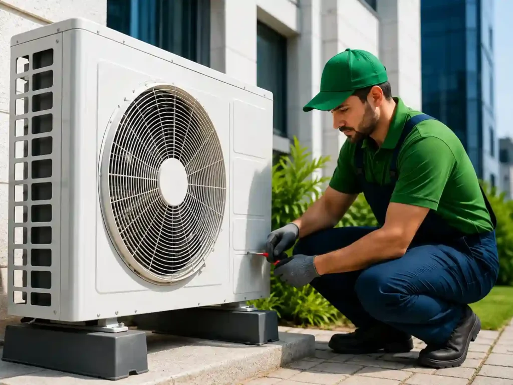 Split AC Repair in Bahrain technician servicing outdoor condenser.