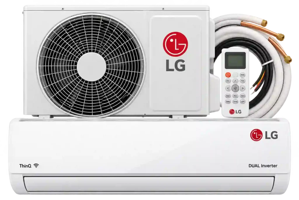 Split AC indoor and outdoor unit.