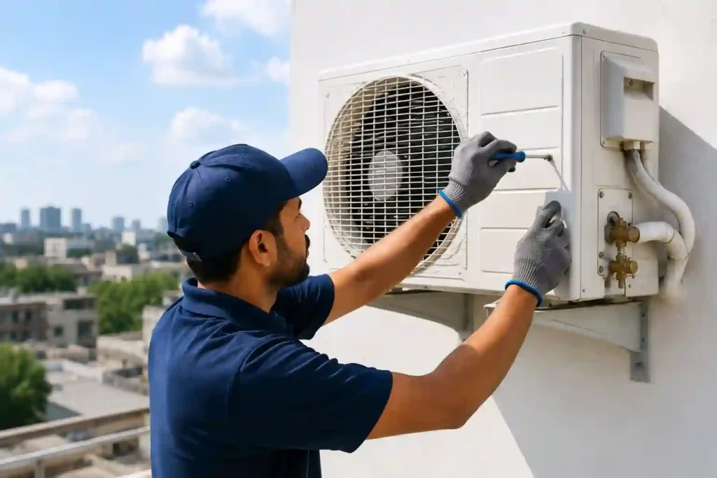 HVAC technician performing maintenance on a split AC unit.