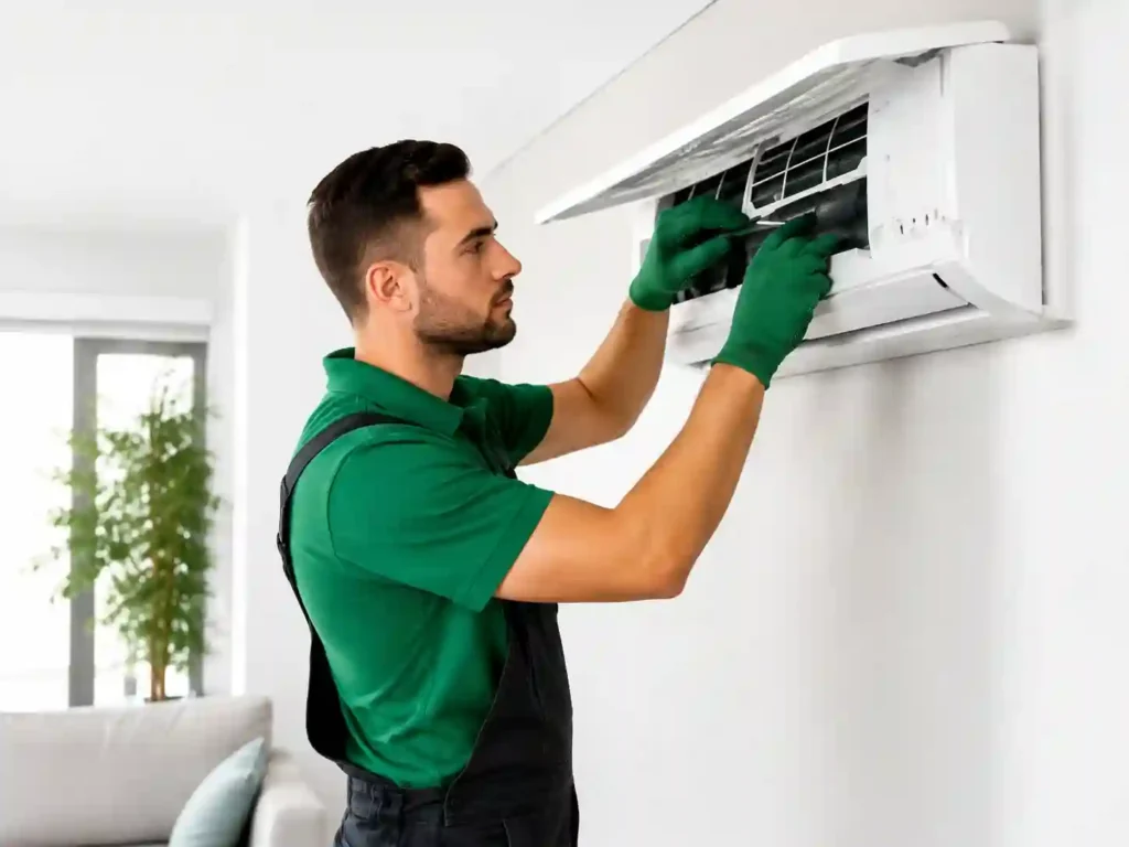 Split AC technician servicing a wall mounted indoor unit.