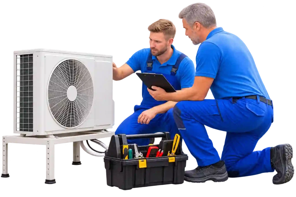 Technician inspecting a split AC outdoor unit.