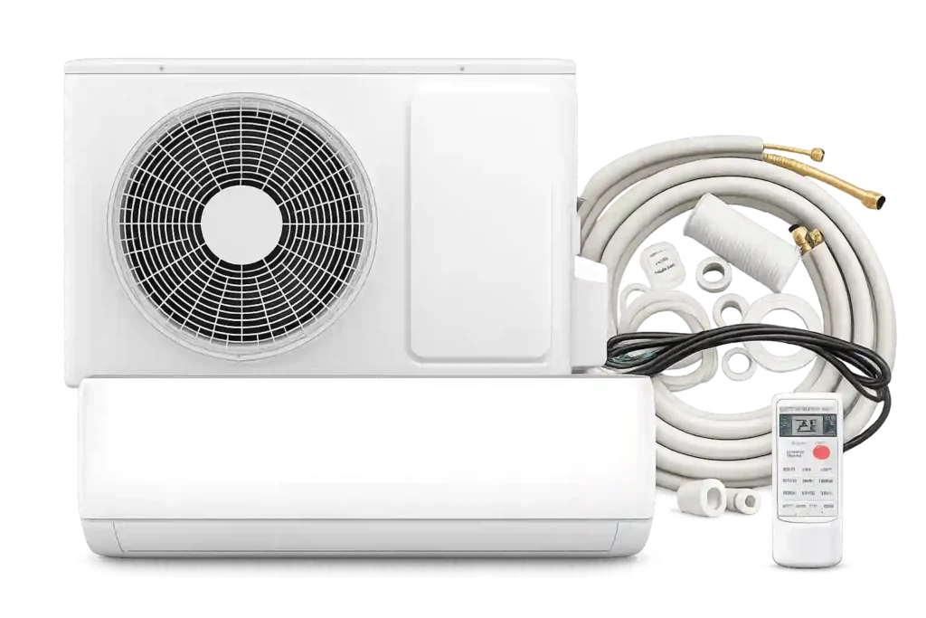 Complete split air conditioner system with indoor unit, outdoor unit, remote, and installation accessories.