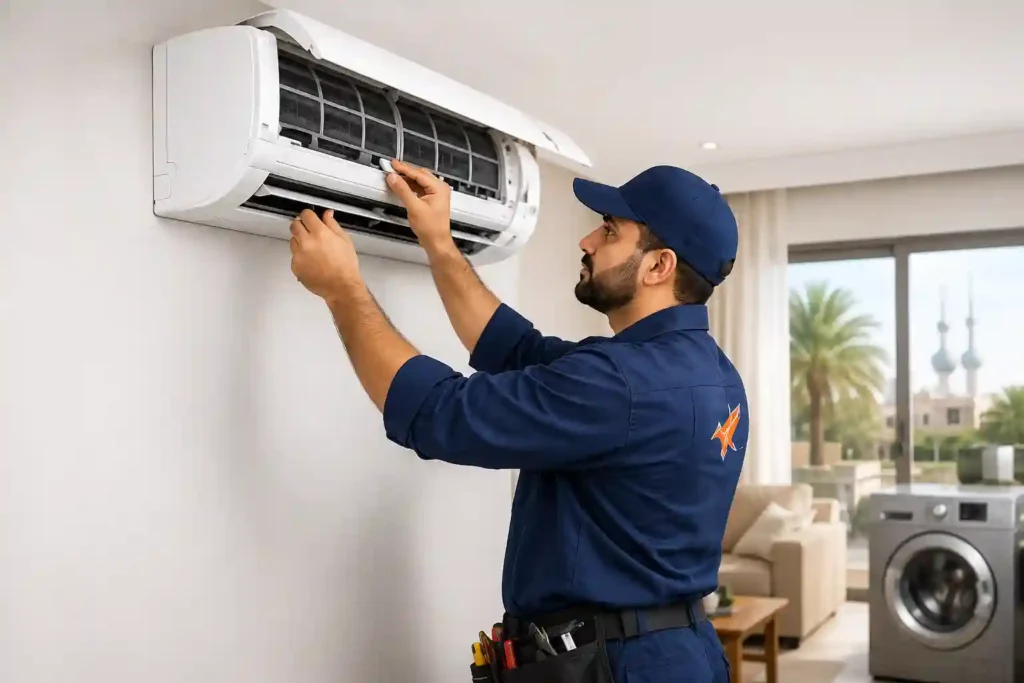 Technician servicing a wall mounted split air conditioner.