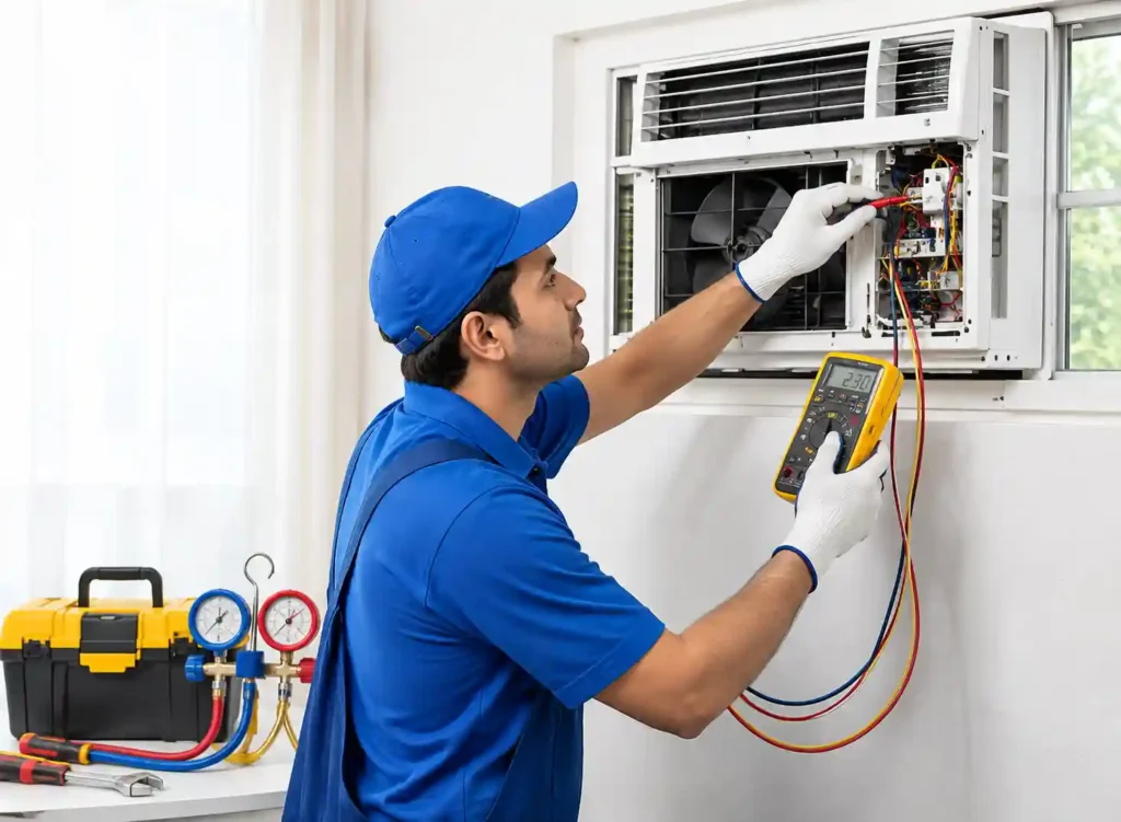 Technician repairing a window air conditioner in a residential property.