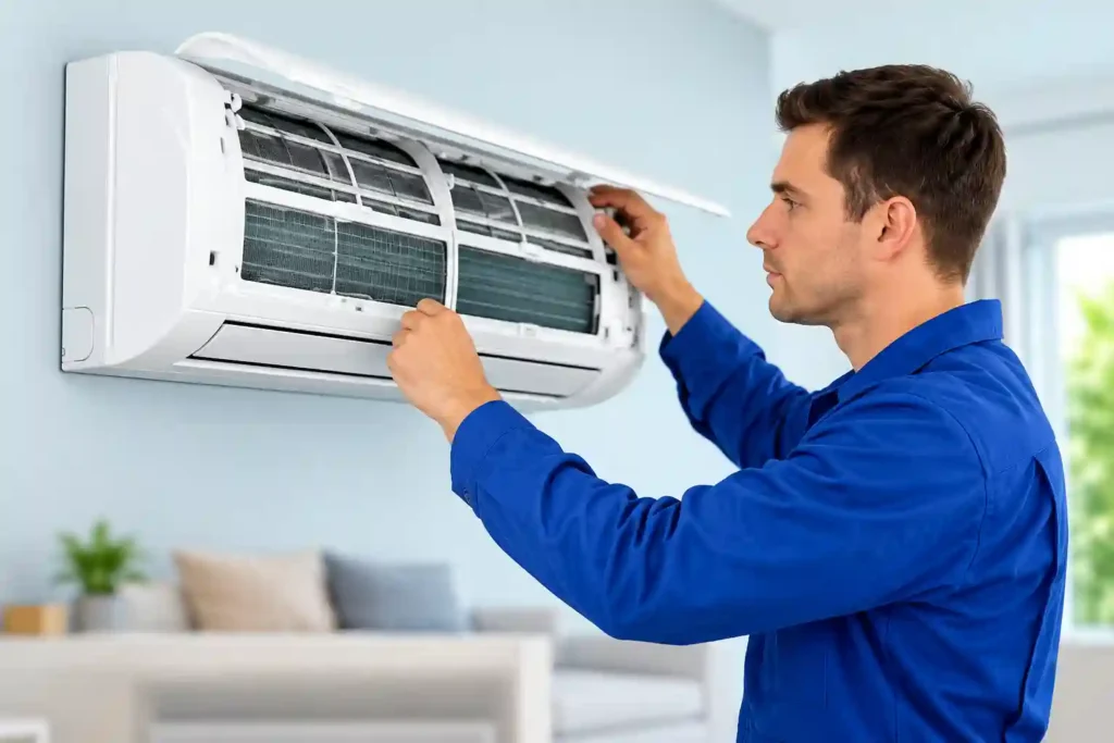 Air conditioner technician inspecting an indoor AC unit.