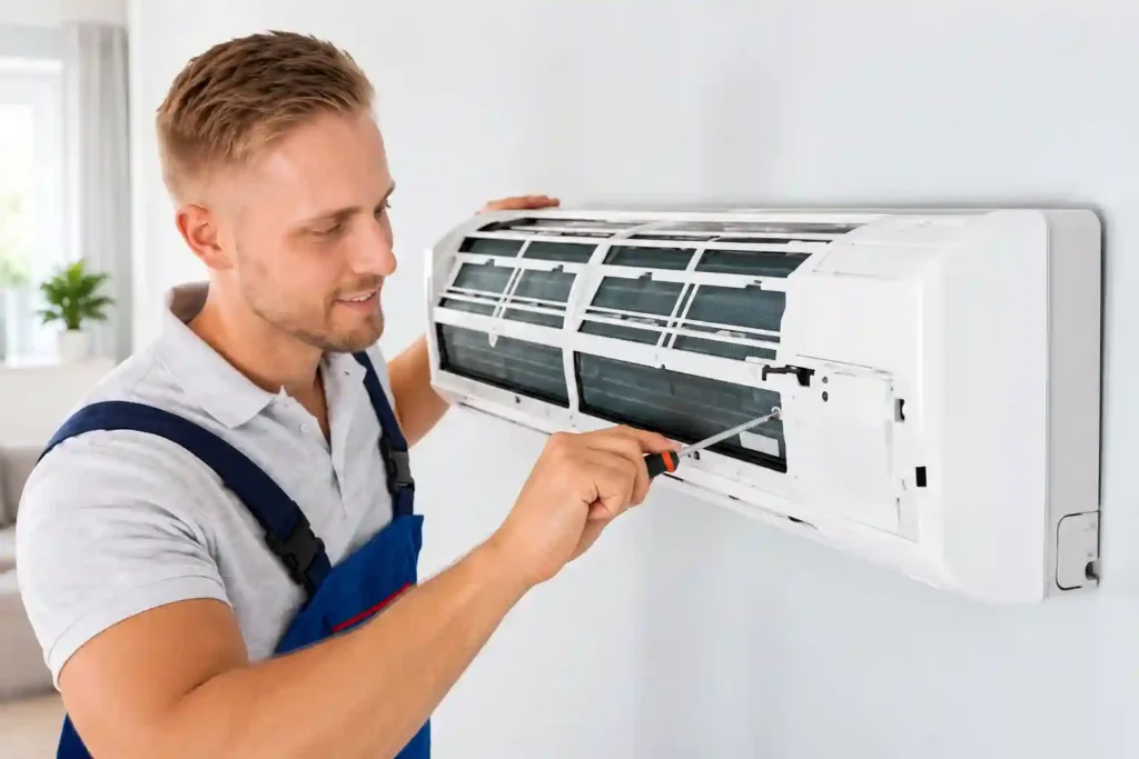 Technician inspecting an air conditioner unit.