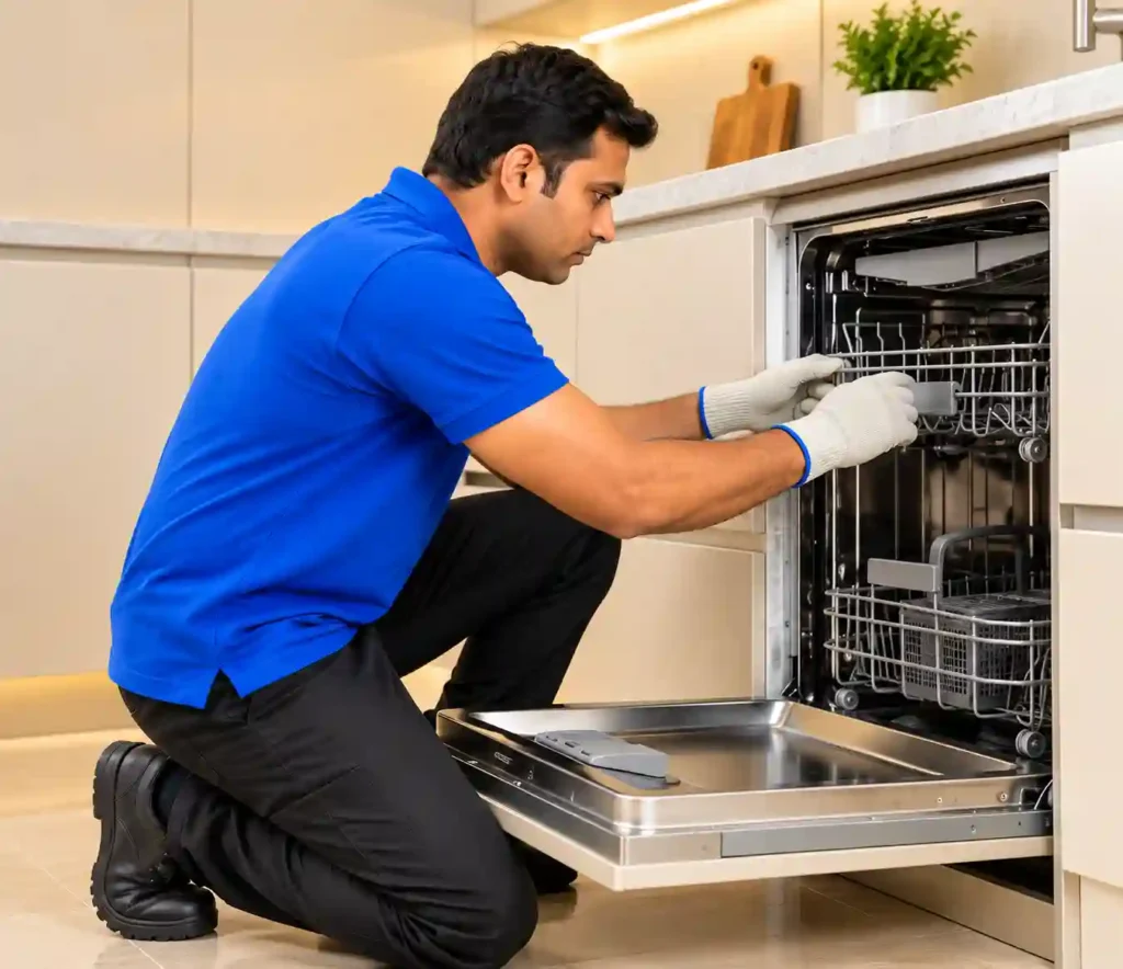 Technician inspecting and repairing a built-in dishwasher.