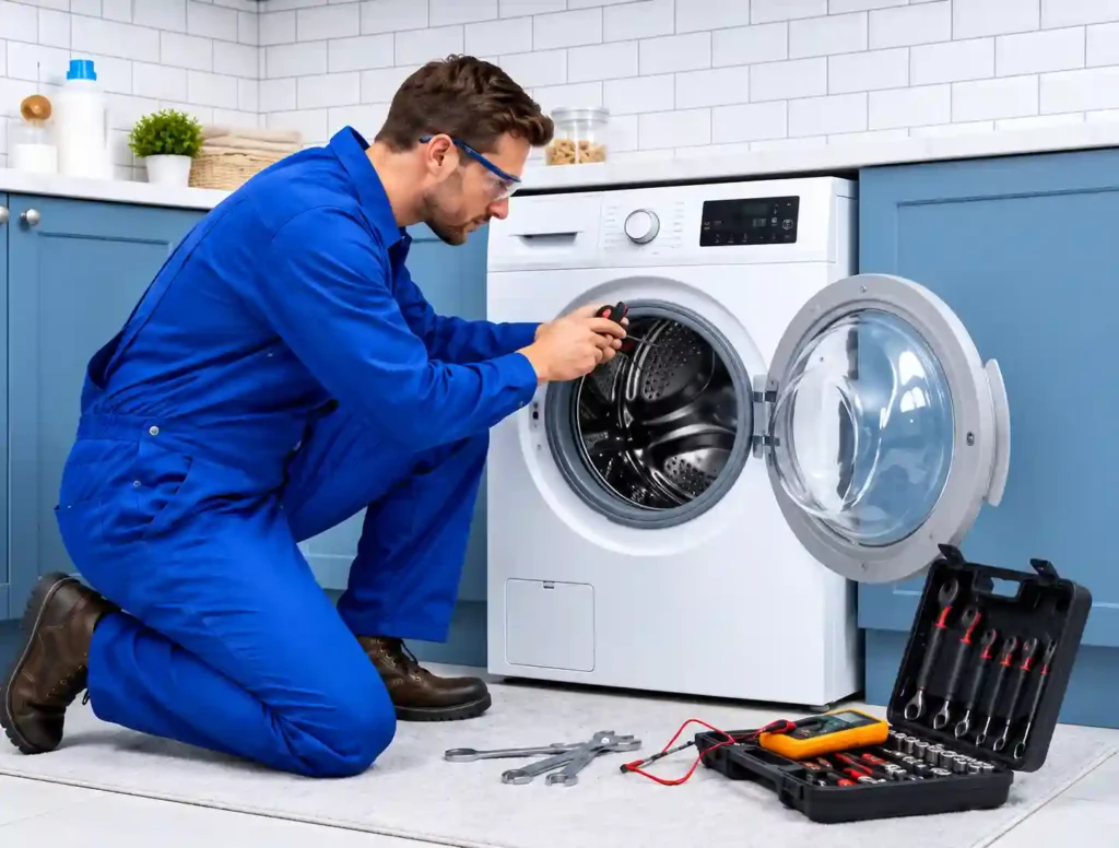 Technician repairing a front-load washer for appliance repair in Bahrain.