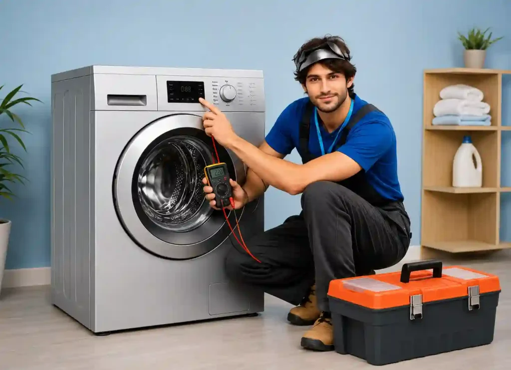 Professional technician servicing a front load washing machine at home.