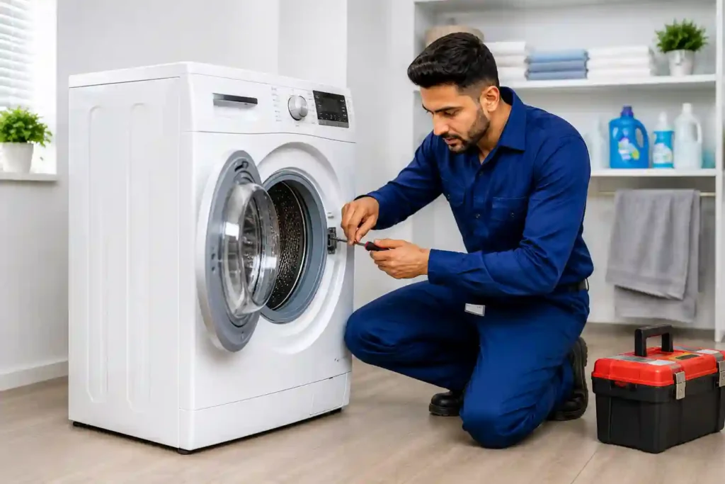 Technician providing Washing Machine Repair in Bahrain for a front load washer.