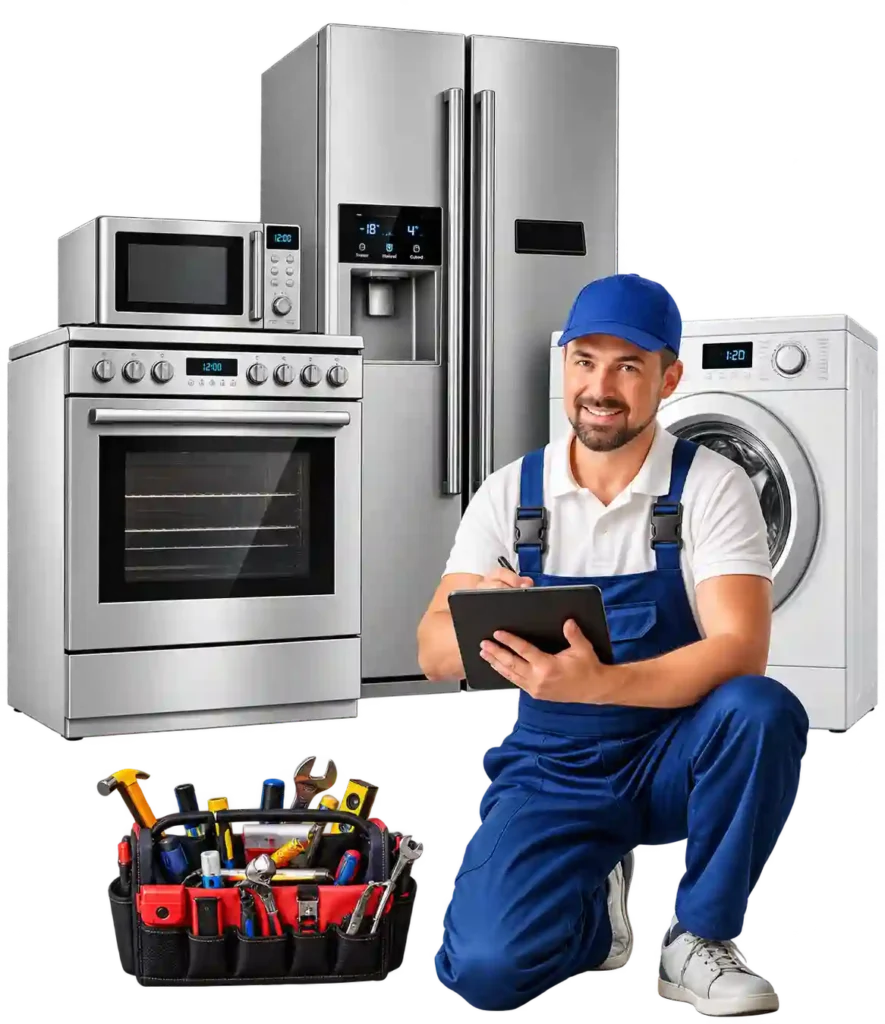 Home appliance service technician with household appliances.