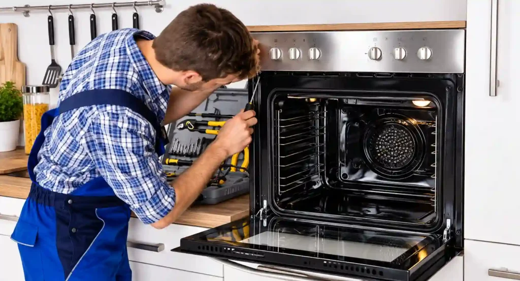 Technician repairing a built-in kitchen oven.
