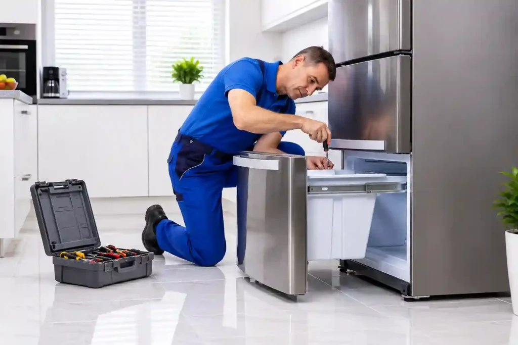 Technician repairing refrigerator components.