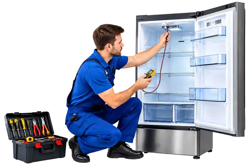 Technician diagnosing a refrigerator during Refrigerator Repair in Hamad Town.