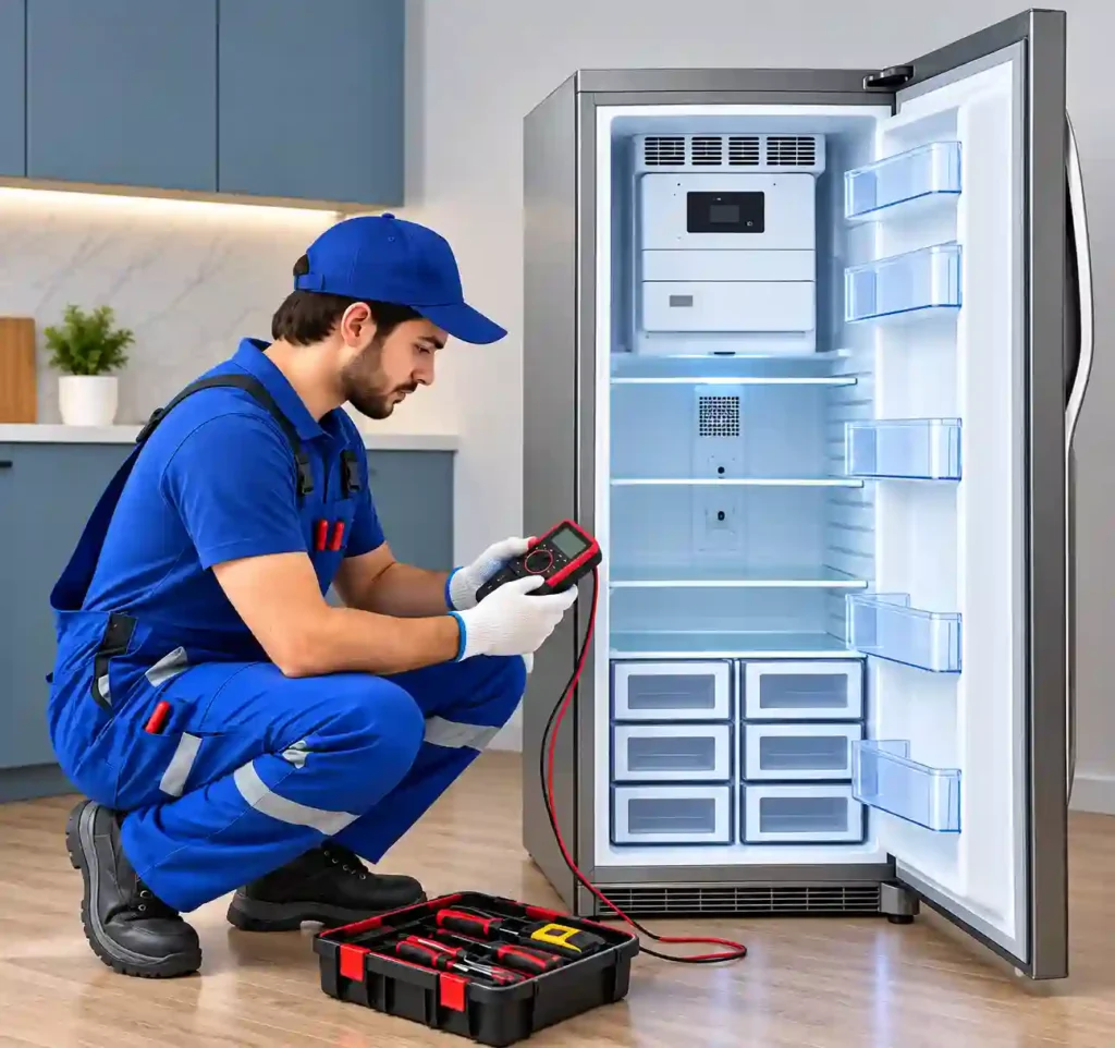 Technician repairing a refrigerator for appliance repair in Bahrain.
