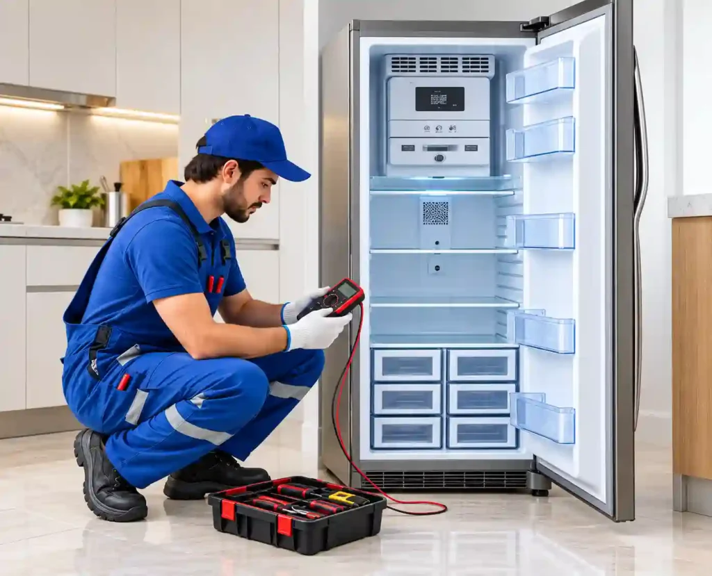 Technician repairing a commercial refrigerator unit.