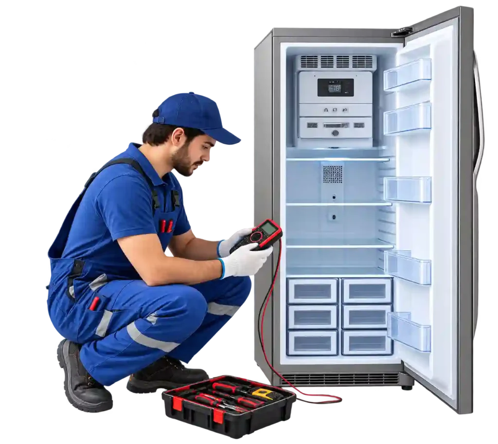 Technician checking an open refrigerator with diagnostic equipment.