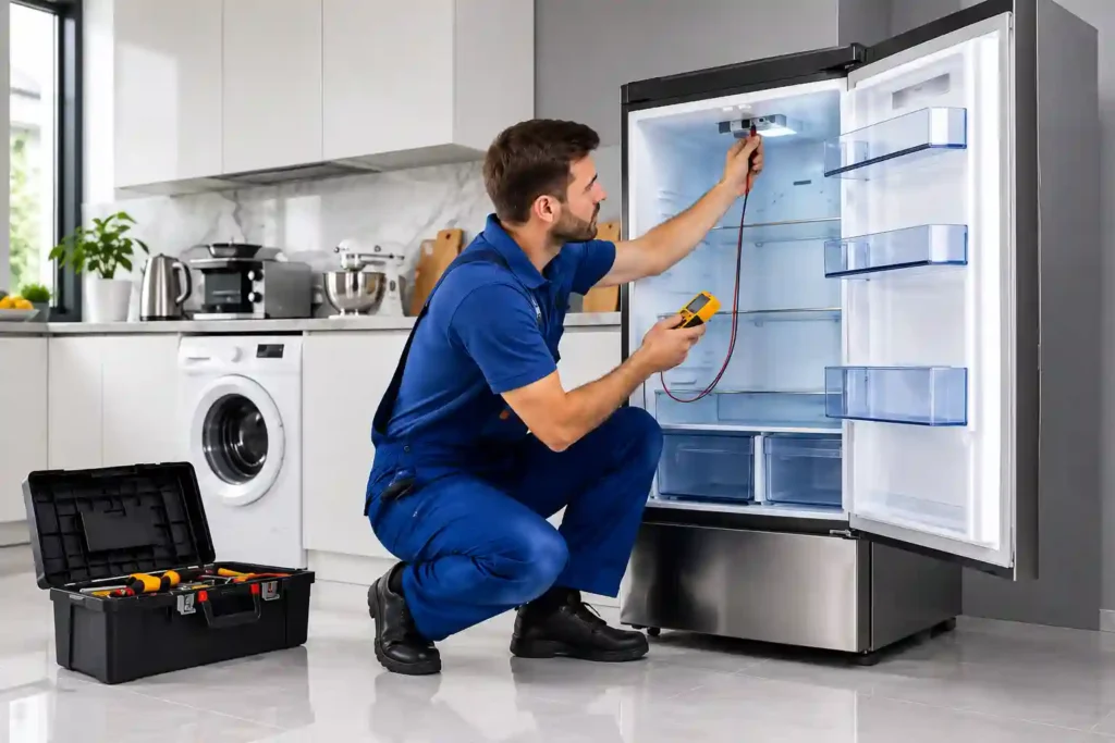 Technician inspecting refrigerator components.