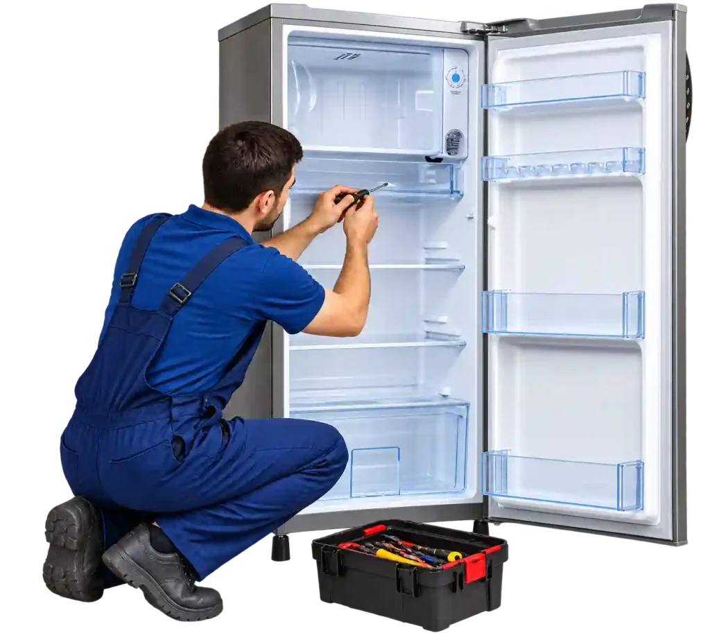 Refrigerator technician inspecting an appliance for Refrigerator Repair in Hamad Town.