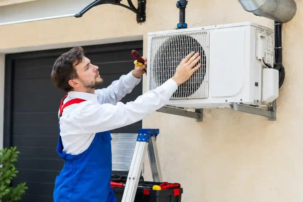 Technician repairing a wall-mounted air conditioner.